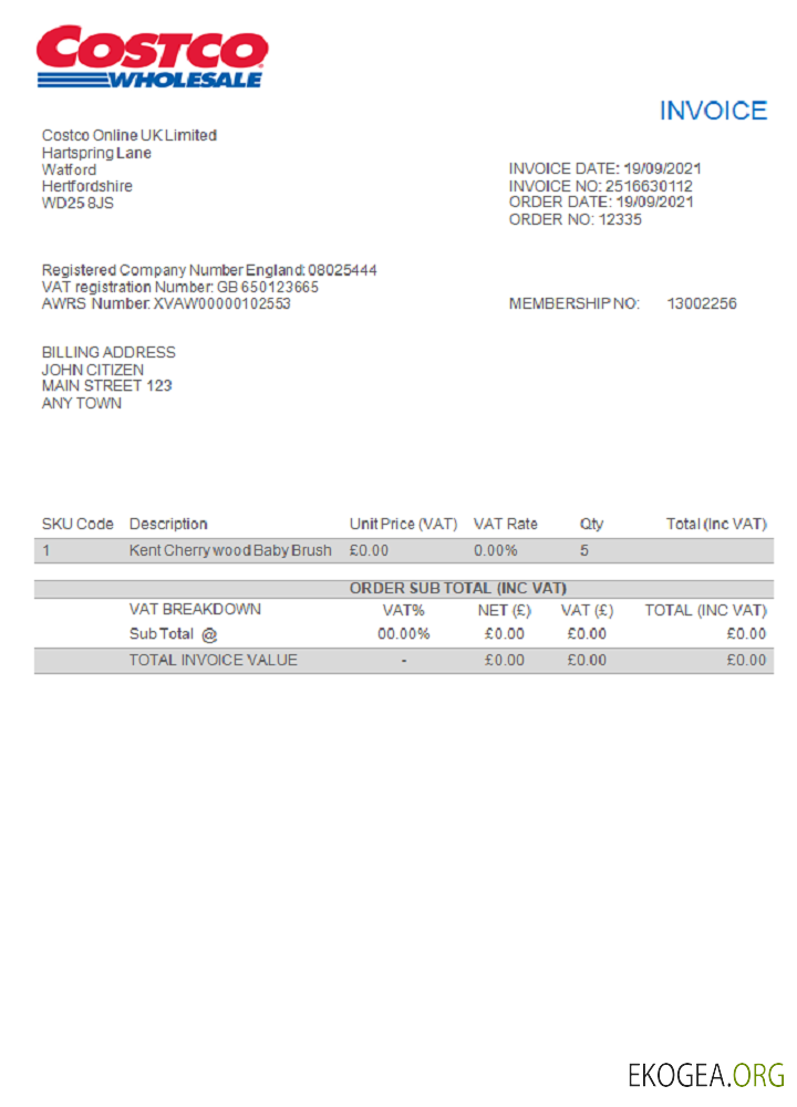 Facture Costco aux États , Unis